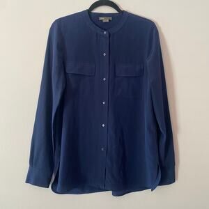 Vince. Navy Blue Button Down Shirt 100% Silk Military Minimalist Women's size 10